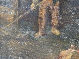 an oil painting of a man and a dog in a barn