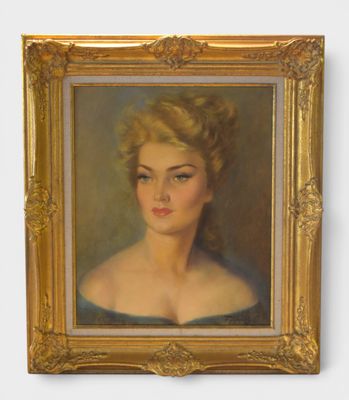 portrait of a woman in a blue dress in a gold frame