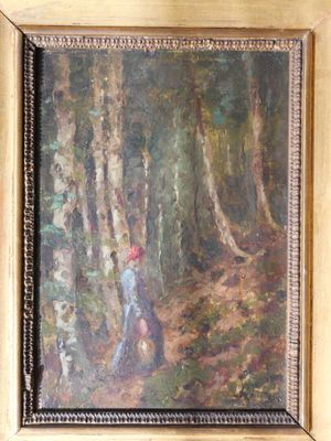 an oil painting of a woman walking through a forest with a red umbrella