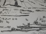 a drawing of a mountain with a river in the foreground