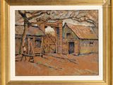 an image of a painting of a farm scene in a gold frame