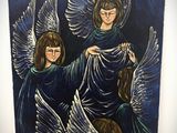 une image représentant un tableau avec trois anges vêtus de robes bleues
