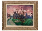 un tableau représentant un paysage avec une maison et des arbres au premier plan