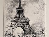 dessin représentant un groupe de personnes debout devant la tour Eiffel