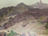 a painting of a mountain scene with a horse in the foreground