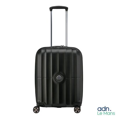 the black suitcase is on wheels with a handle and wheels