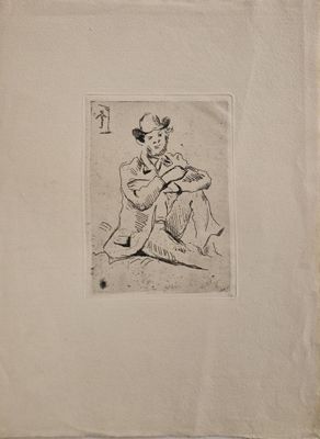 un vieux dessin représentant un homme assis par terre avec une guitare