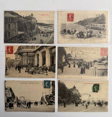 plusieurs vieilles cartes postales représentant des gens marchant dans une rue où circulent des chevaux et des calèches
