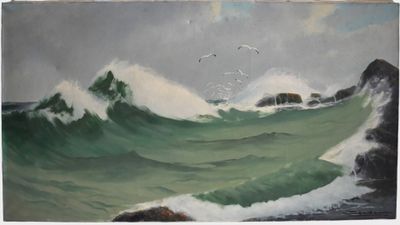 a painting of a large wave coming in to the shore