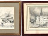 two framed drawings of a village and a church in a wood frame