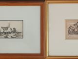 two framed drawings of a boat and a man in a boat