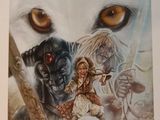 une image représentant un tableau où figurent un loup et une jeune fille armée d'une épée