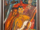 an oil painting of a man with a guitar in front of a group of people