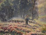a painting of a man standing in a field with a flock of sheep