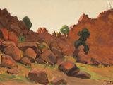 une peinture à l'huile représentant un homme marchant dans un paysage rocheux