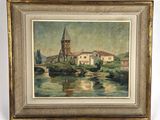 an oil painting of a church and a river in a gold frame