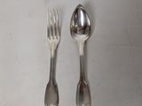 two silver spoons and a fork on a white surface