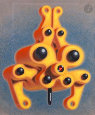 a picture of a painting of a bunch of objects on a pole