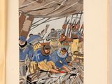 painting of a group of men working on a boat in the water