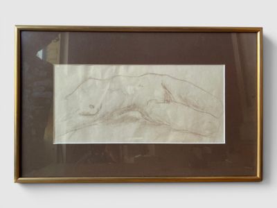 framed drawing of a dog laying down on the ground