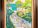 a painting of people walking down a path near the ocean