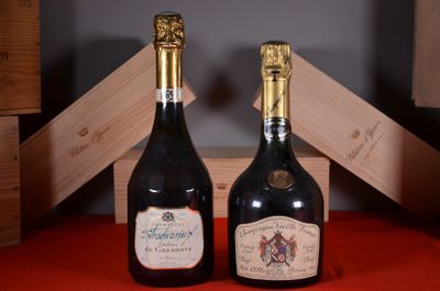 two bottles of wine sitting next to each other on a table