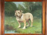 an oil painting of a dog standing in a field with trees in the background