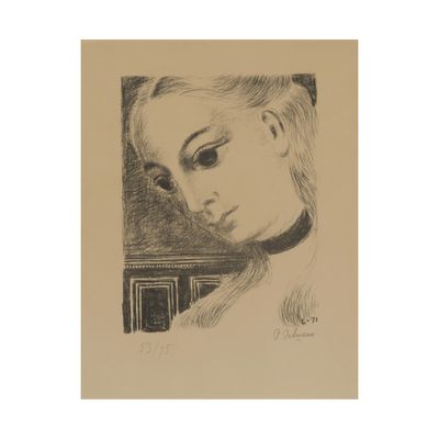 portrait d'une femme, dessin en noir et blanc sur fond beige