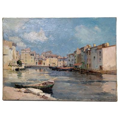 une peinture représentant un bateau sur l'eau dans un port