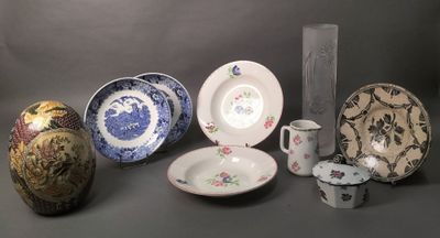 Lot en céramique comprenant : - deux assiettes émaillées bla…