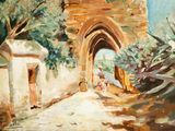 a painting of a building with a gate and a person walking down the street