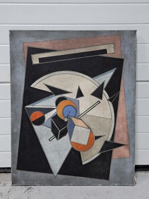 une peinture abstraite représentant un oiseau dans un cercle sur un fond noir et blanc