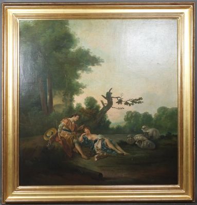 une peinture à l'huile sur toile représentant un groupe de personnes dans un décor boisé