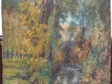 an oil painting of a river in a wooded area with trees