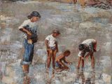 an oil painting of three children playing in the water at the beach
