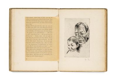 an open book with a drawing of a man and a child