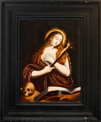 an oil painting of a woman holding a book and a skull
