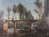 a painting of a man in a boat on a river