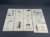 six dessins en noir et blanc représentant des personnes et des animaux sur du papier blanc