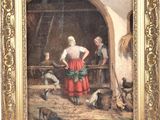an image of a painting of a woman in a barn with chickens