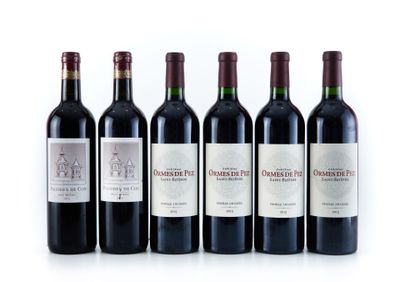 six bottles of wine are lined up on a white surface