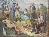 une peinture représentant un groupe de personnes dans un champ
