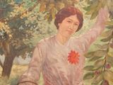 une peinture à l'huile représentant une femme cueillant des fruits sur un arbre