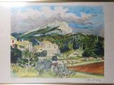 an image of a painting of a mountain with a village in the background