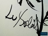 painting of a bird on a branch with the word le solif written below it