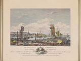 painting of a view of a harbor with ships in the water