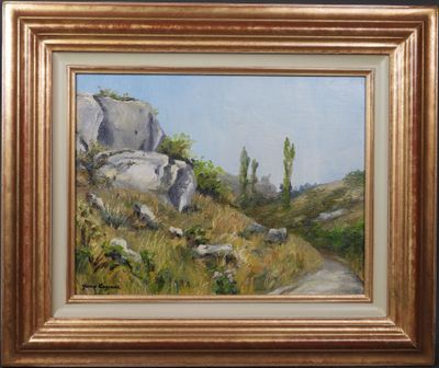 une peinture à l'huile représentant un paysage de montagne avec des rochers et de l'herbe