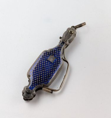 an image of a blue bottle shaped broocher on a white surface