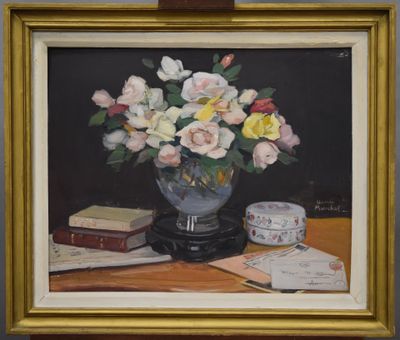 une peinture de fleurs dans un vase sur une table