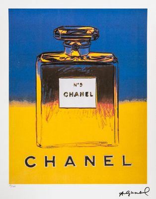 a painting of a bottle of chanel perfume on a yellow and blue background
